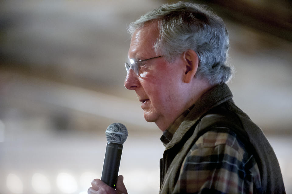 Senate Majority Leader Mitch McConnell, R-Ky., speaks Monday, November 5, 2018, during a Republican Party rally at Highland Stables in Bowling Green, Ky. (Bac Totrong/Daily News via AP)