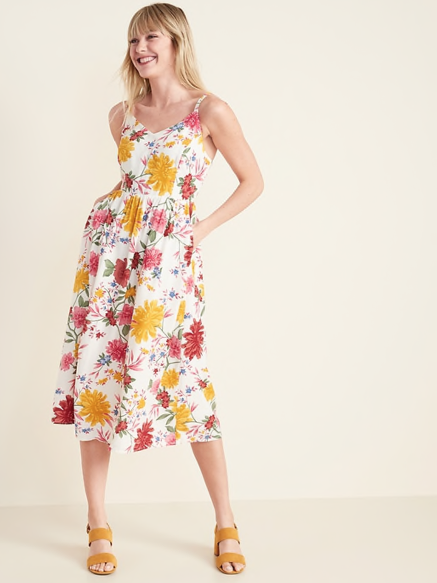 Printed Fit & Flare Cami Midi Dress for Women in White Floral