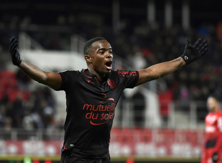 Nice's midfielder Wylan Cyprien celebrates after scoring a goal during the French L1 football match against Dijon March 4, 2017