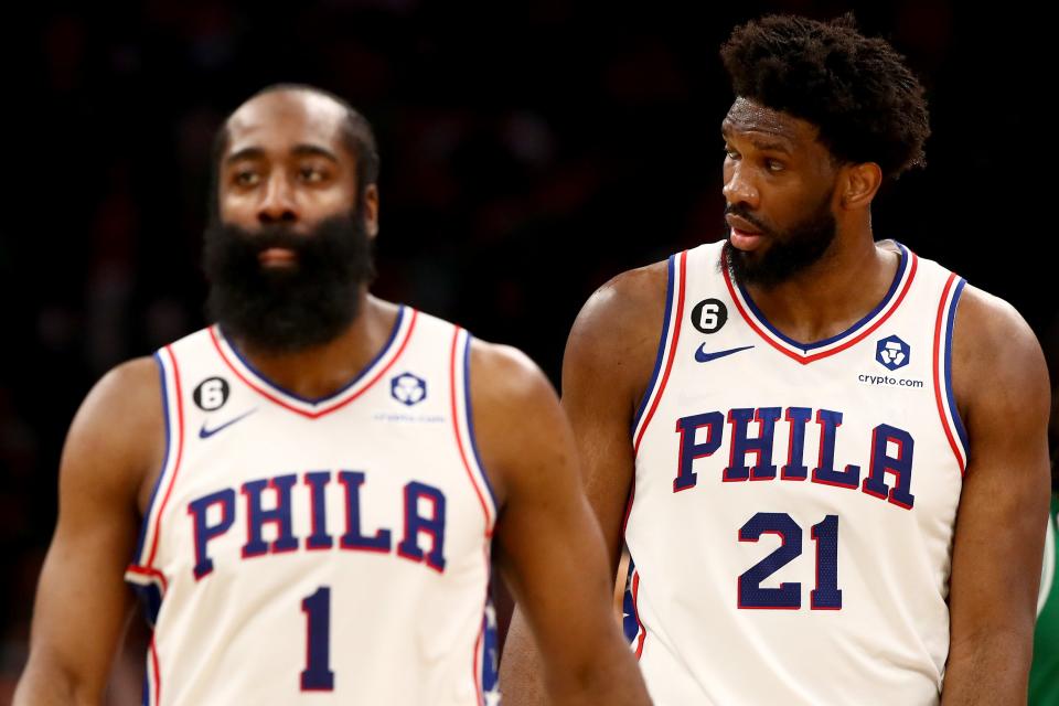 James Harden and Joel Embiid react during the 76ers' Game 7 loss to the Celtics in Boston.