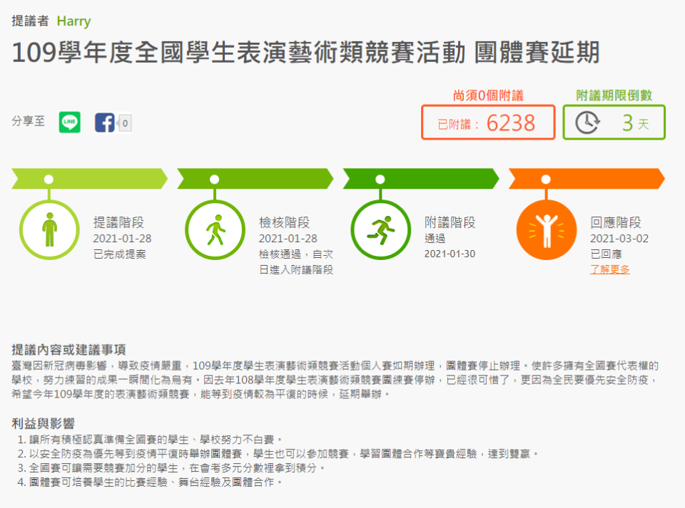 家長提案延期舉辦而不要直接停辦比賽。（圖／翻攝自公共政策網路參與平台）