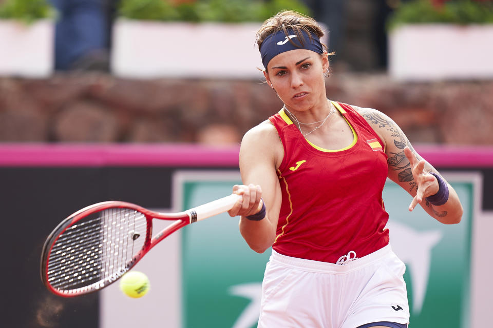 Aliona Bolsova defendiendo a España en la eliminatoria de la Copa Federación ante Japón disputada el mes de febrero en Cartagena. (Foto: Quality Sport Images / Getty Images).