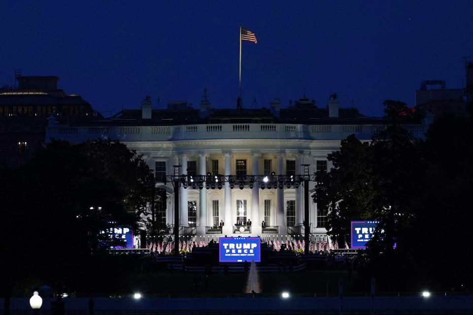 The White House stands ready for President Donald Trump to speak from the South Lawn of the White House on the fourth day of the Republican National Convention, Thursday evening, Aug. 27, 2020, in Washington. (AP Photo/Carolyn Kaster)