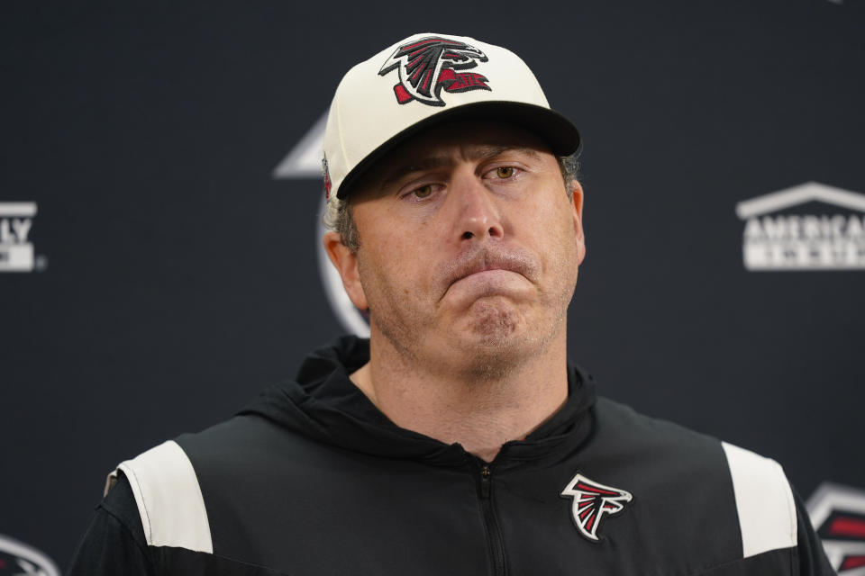 Atlanta Falcons head coach Arthur Smith during a press conference at the end of an NFL football game against the Washington Commanders, Sunday, Nov. 27, 2022, in Landover, Md. Washington won 13-19. (AP Photo/Patrick Semansky)