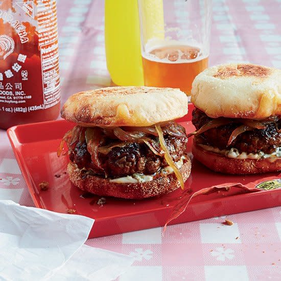 Golden Onion Cheeseburgers with Caper Mayonnaise