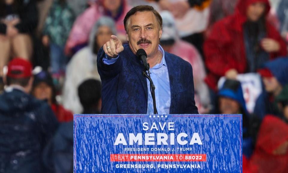 Michael J Lindell, known also ‘Pillow Guy’, speaks at Trump’s ‘Save America’ rally in Greensburg.