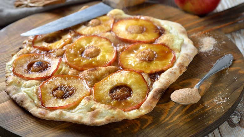 Apple fruit pizza on table