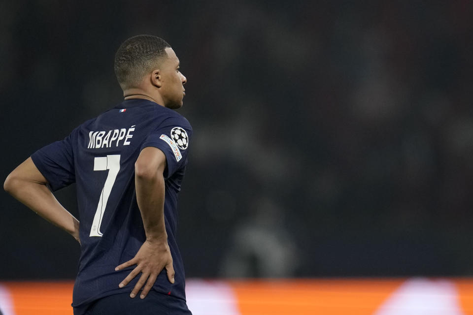 PSG's Kylian Mbappe reacts after the Champions League semifinal second leg soccer match between Paris Saint-Germain and Borussia Dortmund at the Parc des Princes stadium in Paris, France, Tuesday, May 7, 2024. (AP Photo/Christophe Ena)