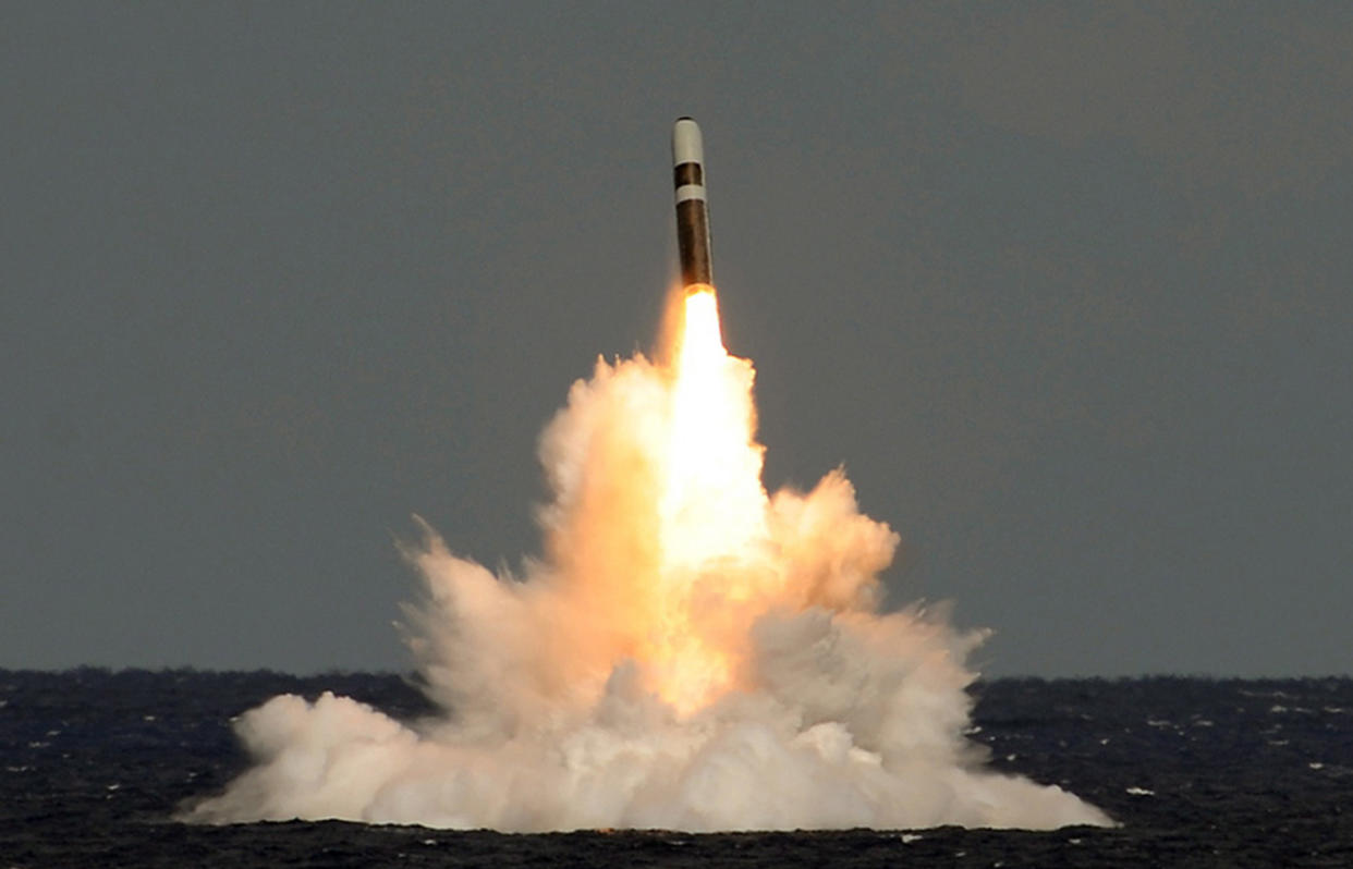 An unarmed Trident II (D5) ballistic missile is fired from HMS Vigilant on a previous date. (PA/file photo)