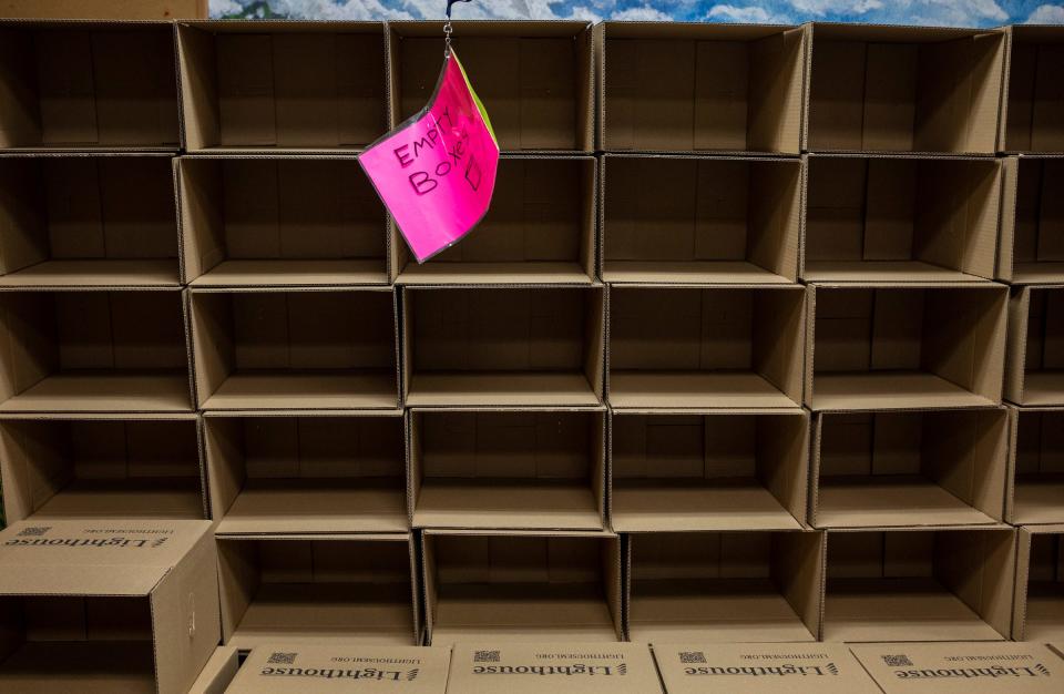 Boxes sit empty inside an emergency food warehouse run by Lighthouse, a nonprofit in Pontiac, on Wednesday, Jan. 24, 2024. Lighthouse says it's close to running out of emergency food supply. The organization serves 5,000 households a month through its emergency food warehouse.