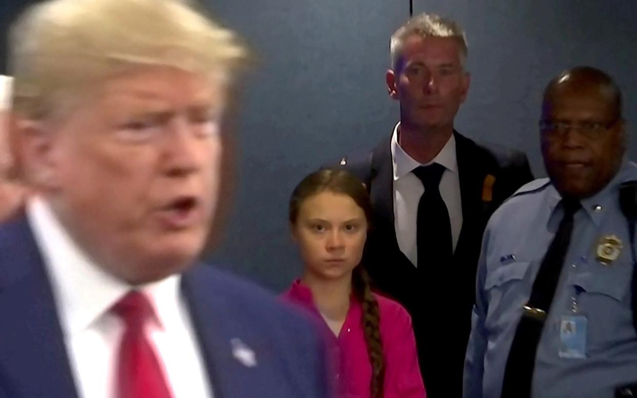 Environmental activist Greta Thunberg and US President Donald Trump have history beyond Twitter spats: here she glares at the politician, a climate change denier, at the UN in New York  - REUTERS