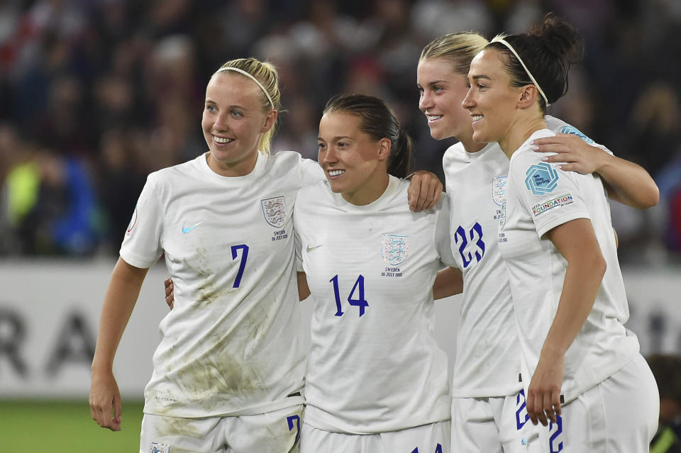 England's team players pose for a photo as they won the Women Euro 2022 semi final soccer match between England and Sweden at the Bramall Lane Stadium in Sheffield, England, Tuesday, July 26, 2022. (AP Photo/Rui Vieira)