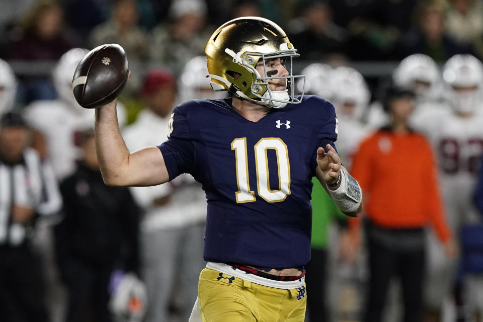 Notre Dame quarterback Drew Pyne looks to pass during the first half of the team's NCAA college football game against Stanford in South Bend, Ind., Saturday, Oct. 15, 2022. (AP Photo/Nam Y. Huh)