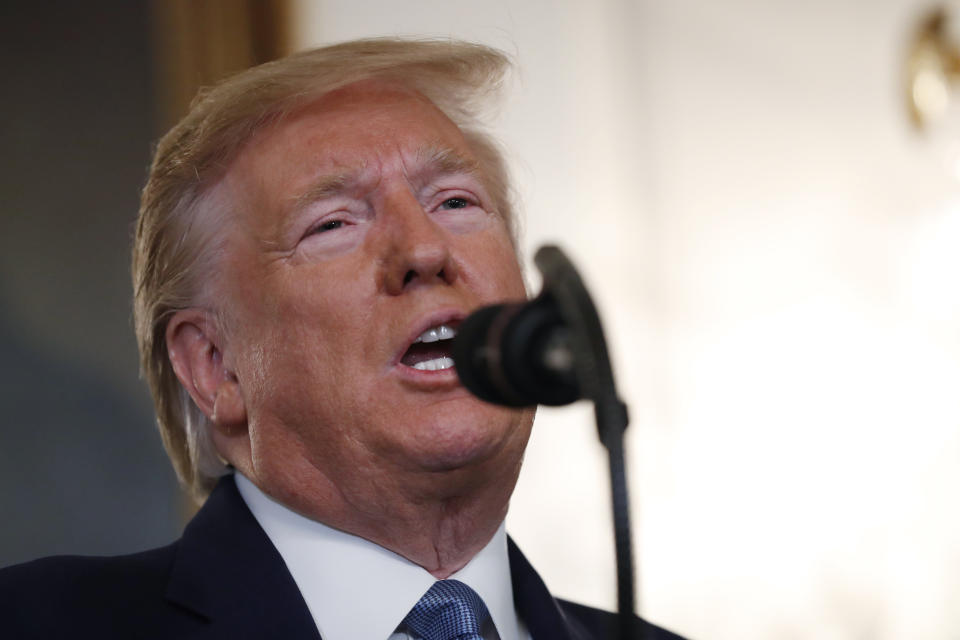 President Donald Trump speaks Wednesday, Oct. 23, 2019, in the Diplomatic Room of the White House in Washington. (AP Photo/Jacquelyn Martin)