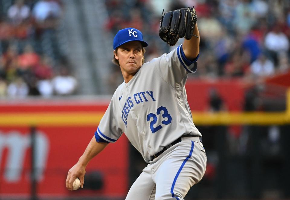 Zack Greinke #23 of the Kansas City Royals delivers a first-inning pitch against the Arizona Diamondbacks at Chase Field on May 23, 2022, in Phoenix, Arizona.