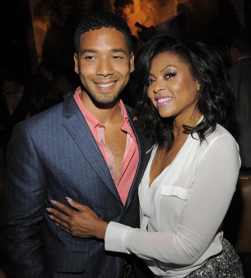 Actor Jussie Smollett, left, poses with Taraji P. Henson, a cast member in "Think Like A Man Too," at the post-premiere party for the film on Monday, June 9, 2014 in West Hollywood, Calif. (Photo by Chris Pizzello/Invision/AP)