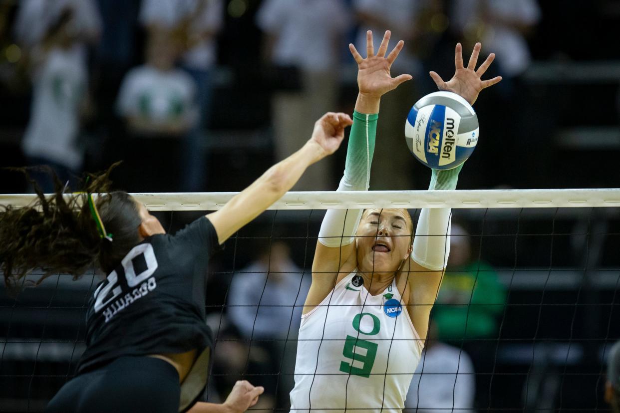 Oregon setter Hannah Pukis blocks a shot as the No. 2 Oregon Ducks open NCAA Tournament play against Southeastern Louisiana Thursday, Nov. 30, 2023, at Matthew Knight Arena in Eugene, Ore.