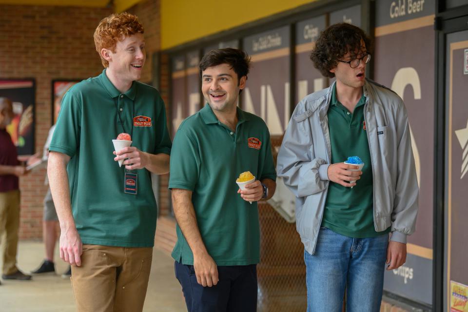 Ben (Ben Marshall, left), John (John Higgins) and Martin (Martin Herlihy) are childhood pals working at a camping store run by Ben's dad (Conan O'Brien).