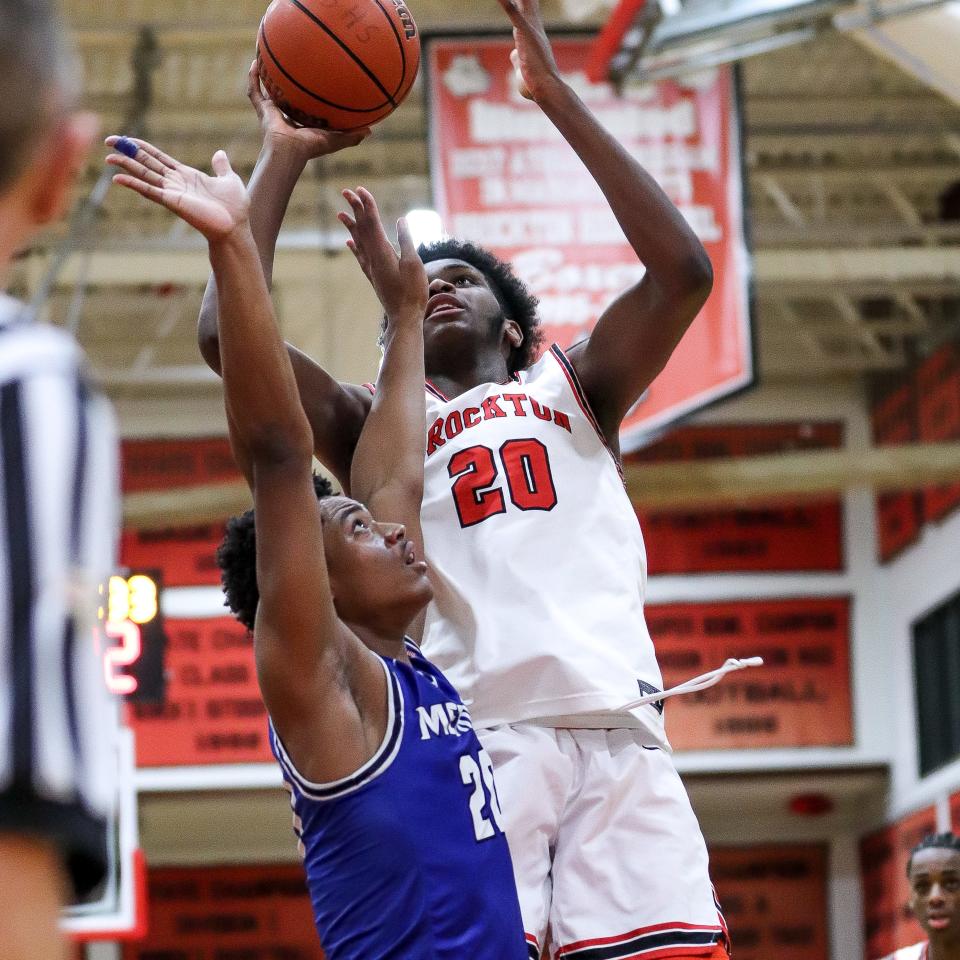 Brockton's Chidi Nwosu shoots a layup during a game against Methuen in the Round of 32 of the Div. 1 state tournament on Thursday, March 2, 2023.