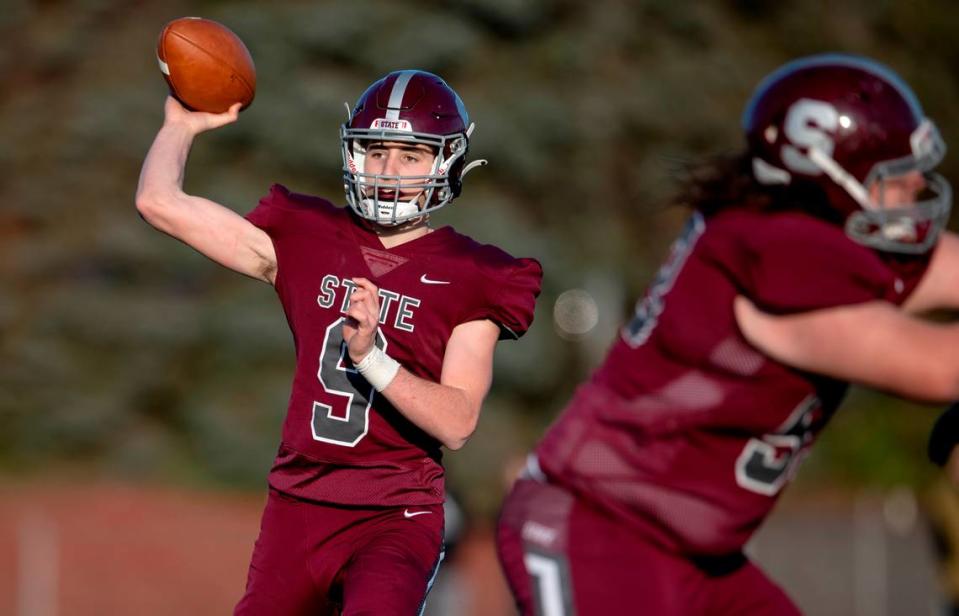 State College quarterback Owen Yerka makes a pass during the PIAA class 6A semifinal game on Saturday, Dec. 4, 2021 at Mansion Park. Mt. Lebanon won, 49-28.