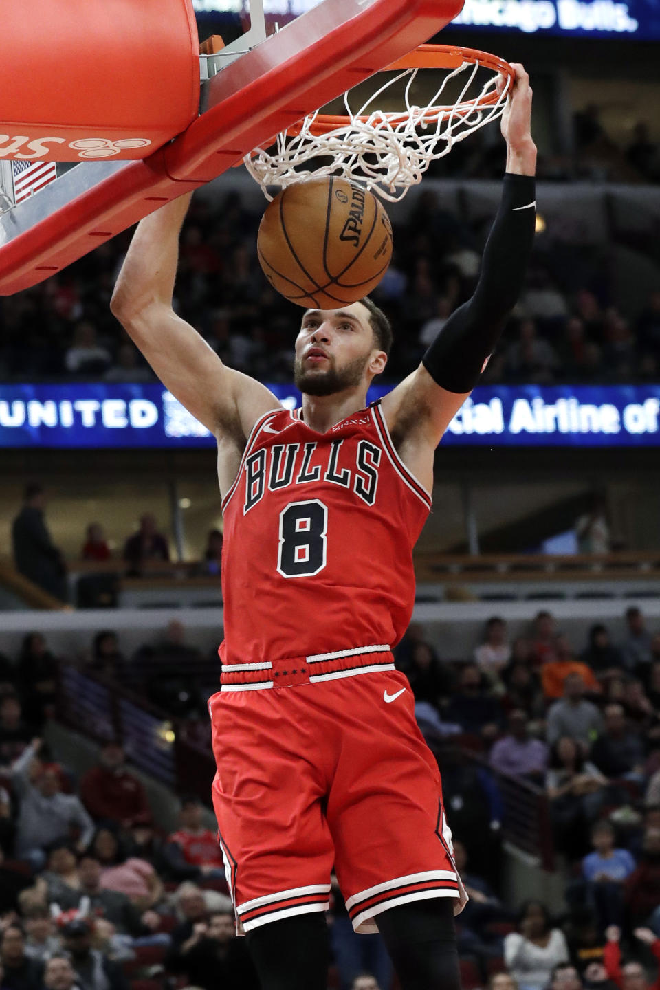 Chicago Bulls guard Zach LaVine dunks against the Sacramento Kings during the second half of an NBA basketball game in Chicago, Friday, Jan. 24, 2020. The Kings won 98-81.(AP Photo/Nam Y. Huh)