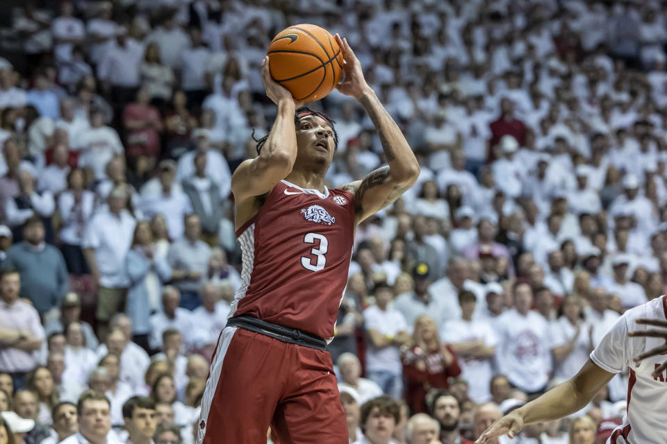 Arkansas guard Nick Smith Jr. (3) shoots a jump shot against Alabama during the first half of an NCAA college basketball game, Saturday, Feb. 25, 2023, in Tuscaloosa, Ala. (AP Photo/Vasha Hunt)