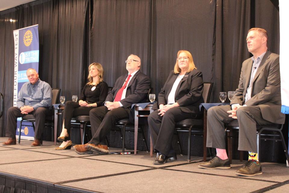 School board candidates (left to right) Marc Murren, Bobbie Tibbetts, Stuart Willett, Gail Swenson and Pat Starr are featured at a school board candidate forum at the Downtown Sioux Falls Rotary meeting on Monday, April 8, 2024.