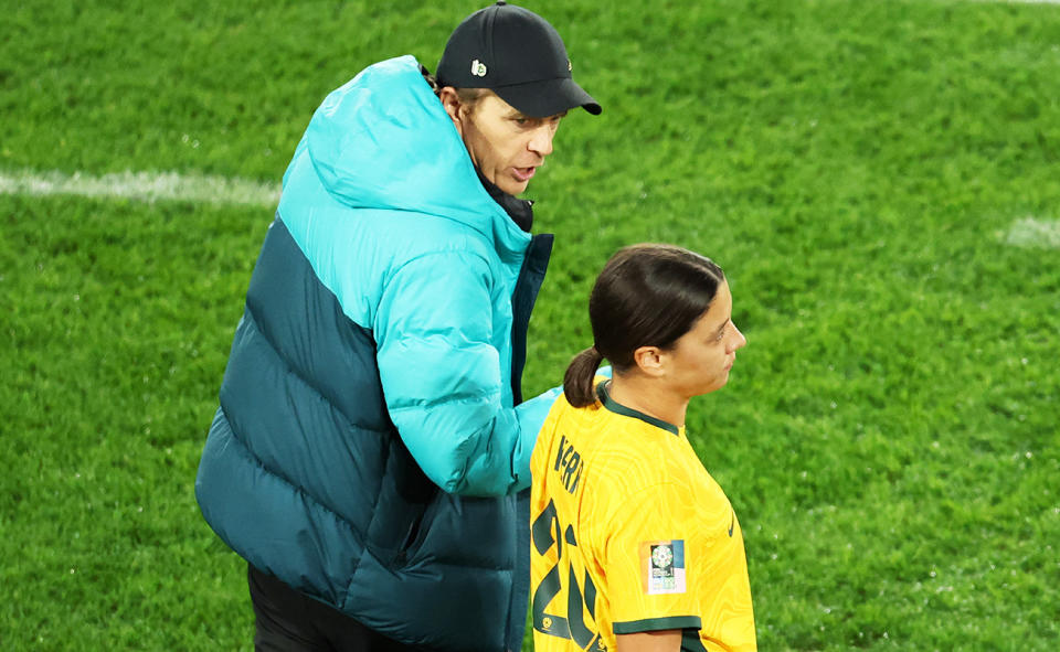 Tony Gustavsson and Sam Kerr during the Matildas' win over Denmark at the Women's World Cup.