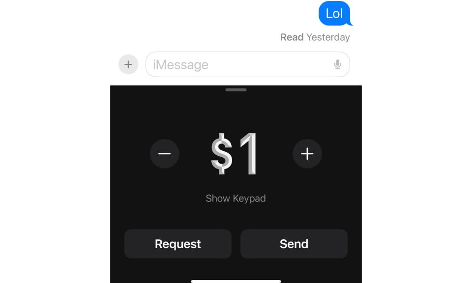 Apple Cash screen in a Messages chat. Below the iMessage text box, a large black area shows 
