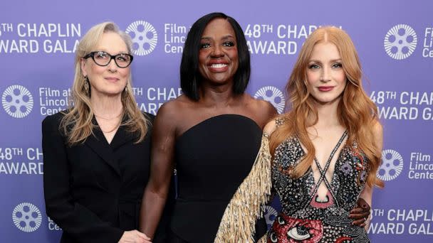 PHOTO: Meryl Streep, Viola Davis and Jessica Chastain attend the 2023 Chaplin Award Gala honoring Viola Davis at Alice Tully Hall, Lincoln Center, April 24, 2023, in New York. (Dimitrios Kambouris/Getty Images)