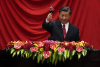 FILE - Chinese President Xi Jinping makes a toast after delivering his speech at a dinner marking the 74th anniversary of the founding of the People's Republic of China at the Great Hall of the People in Beijing on Sept. 28, 2023. (AP Photo/Andy Wong, Pool, File)