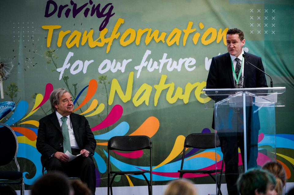 Benoit Charette, Quebec Minister of Sustainable Development and Environment, speaks during a panel discussion with United Nations Secretary General Antonio Guterres, at left, during the U.N. Biodiversity Conference (COP15) Youth Summit in Montreal, Quebec, Canada, on Dec. 6, 2022. / Credit: ANDREJ IVANOV/AFP via Getty Images