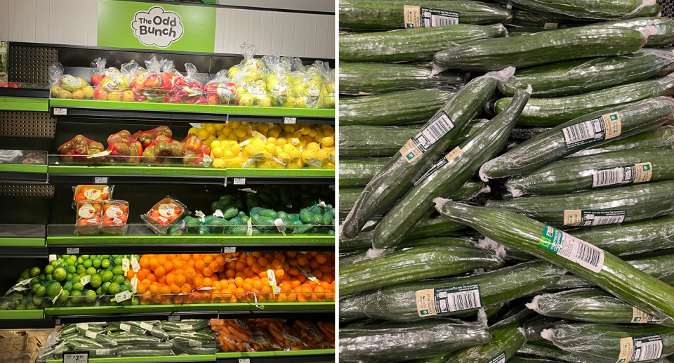 Two images of Woolworths vegetables and fruit covered in plastic. 