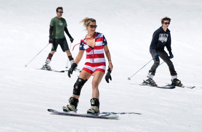 MAMMOTH MOUNTAIN, CA - JULY 4: A woman skis during the unusual summer snow conditions at this popular mountain ski area on July 4, 2019, in Mammoth Lakes, California. With a record winter and spring snowfall of 800 inches covering much of California's Sierra Nevada Mountain range, favorable conditions have pushed the regular ski season past the 4th of July holiday weekend, and possibly into August. (Photo by George Rose/Getty Images)