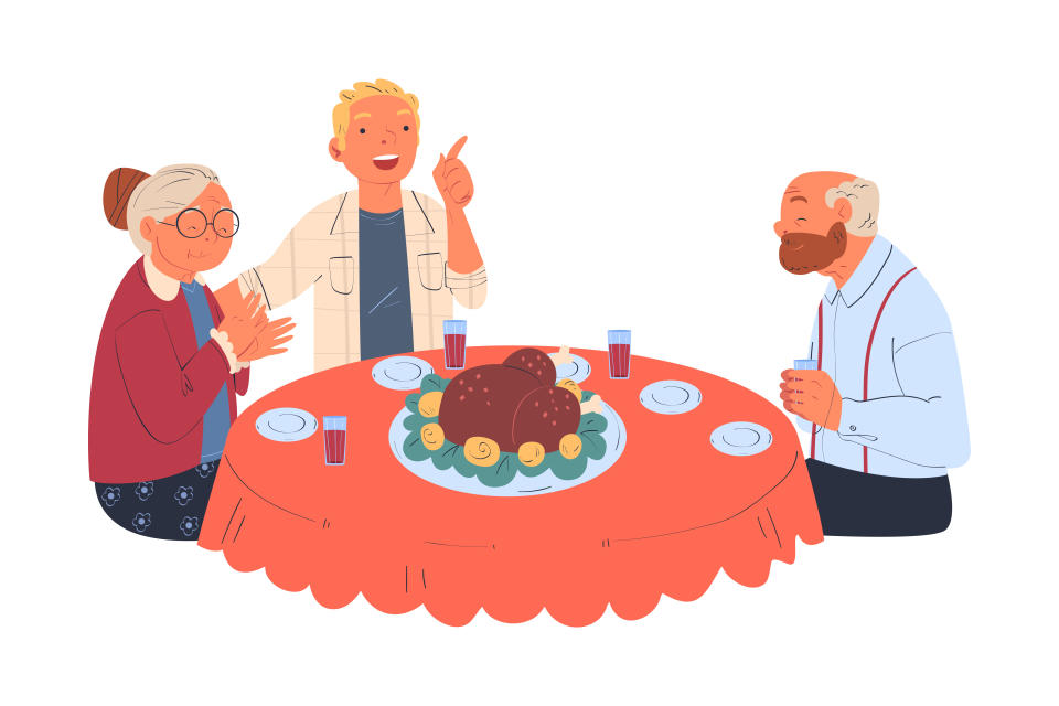 A graphic of a man with two grandparents during a family Thanksgiving dinner. (Photo via Getty Images)