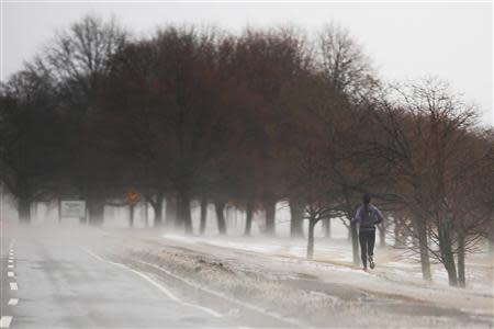 A woman jogs along the Charles River on a foggy winter morning in Cambridge, Massachusetts January 6, 2014. REUTERS/Brian Snyder