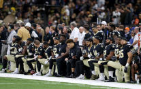 <p>New Orleans Saints players kneel before the National Anthem and before their game against the New York Jets at the Mercedes-Benz Superdome. All players stood for the playing of the Anthem. Mandatory Credit: Chuck Cook-USA TODAY Sports </p>