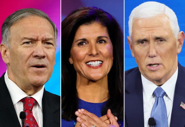 Mike Pompeo, left, accused Nikki Haley, center, of plotting to replace Mike Pence, right, as vice president.