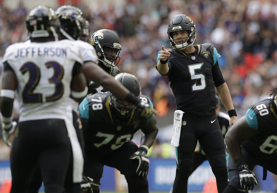 Jacksonville Jaguars quarterback Blake Bortles calling out the defense he’s about to torch in London. (AP Photo)