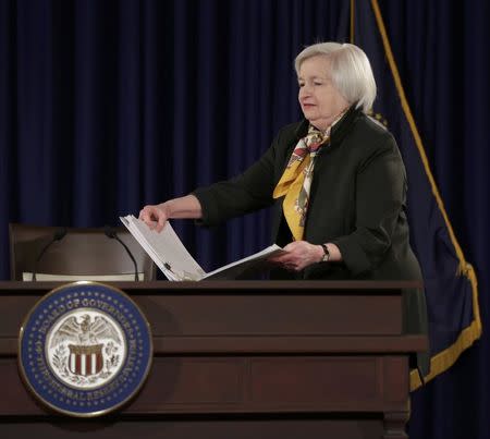 U.S. Federal Reserve Chair Janet Yellen arrives to address a news conference following the two-day Federal Open Market Committee meeting in Washington March 18, 2015. REUTERS/Joshua Roberts