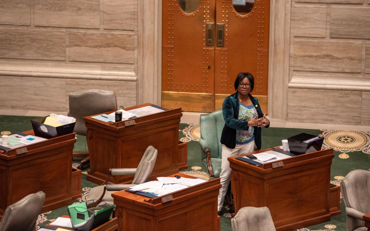 State Sen. Karla May, D-St. Louis, discusses a bill with "Parents Bill of Rights" legislation on the Senate floor Wednesday.