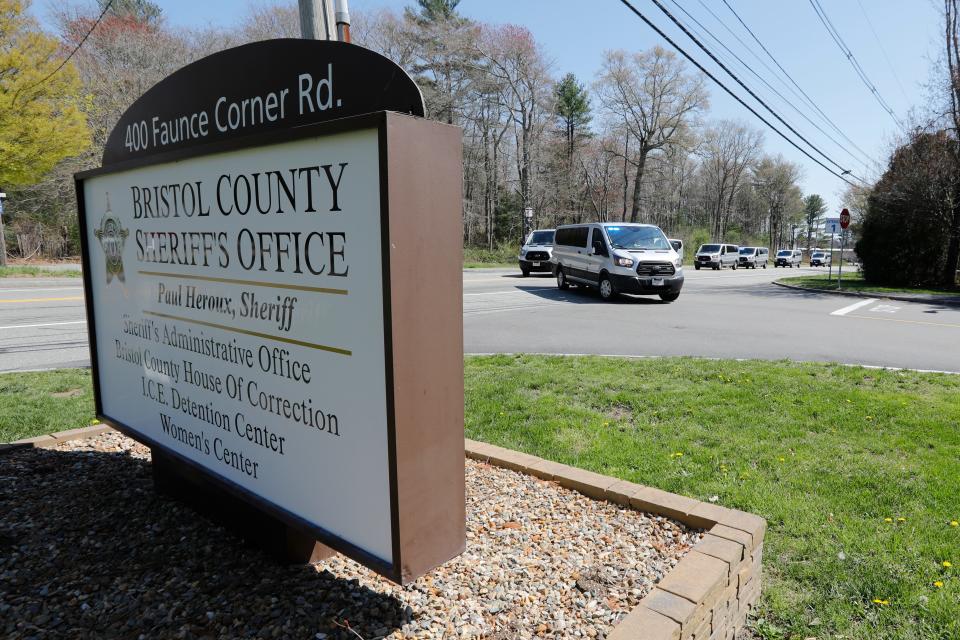 Various Suffolk County Sheriff vans are seen turning into the Bristol County House of Correction on Faunce Corner Road in Dartmouth Friday afternoon to assist with what prison officials have called an "incident."