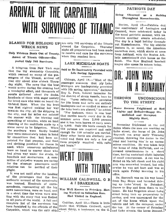 Articles about the Titanic appearing in the April 19, 1912 edition of the Petoskey Evening News.