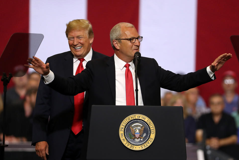 President Trump looks on as Rep. Kevin Cramer speaks to supporters during a campaign rally in Fargo, N.D., in June. (Photo: Justin Sullivan/Getty Images)