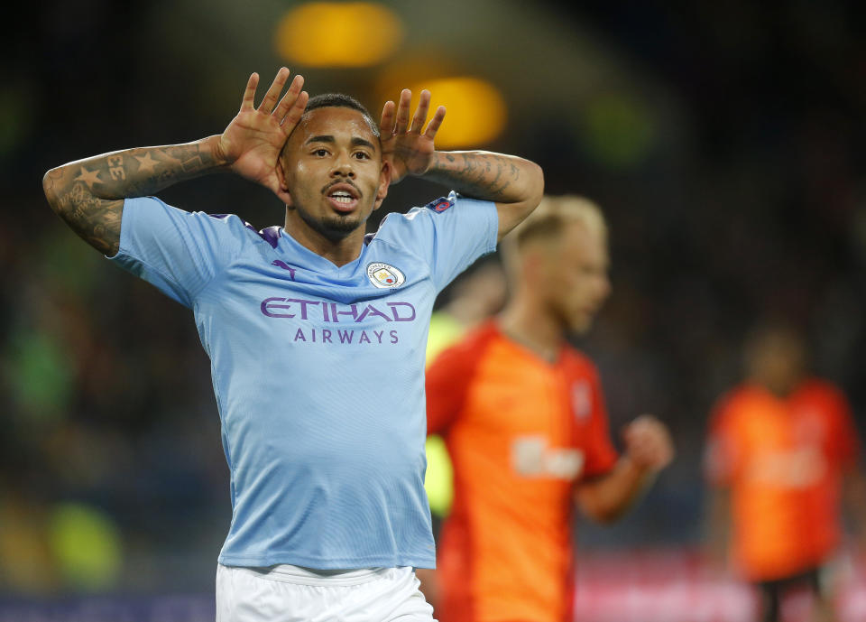 Manchester City's Gabriel Jesus celebrates after scoring his side's third goal during the Group C Champions League soccer match between Manchester City and FC Shakhtar Donetsk in Kharkiv, Ukraine, Wednesday, Sept. 18, 2019. (AP Photo/Efrem Lukatsky)