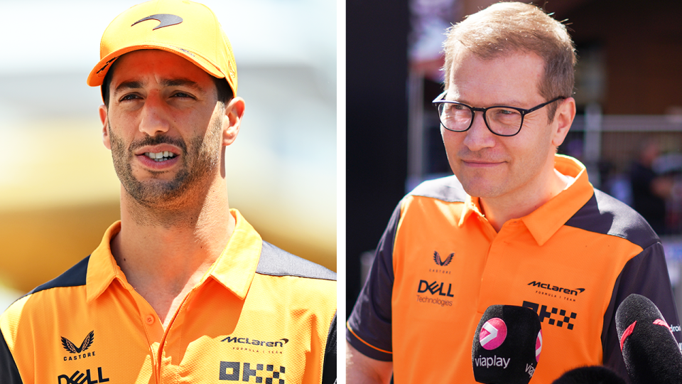 McLaren team manager Andreas Seidl (pictured right) during an interview and (pictured left) Daniel Ricciardo on the grid.