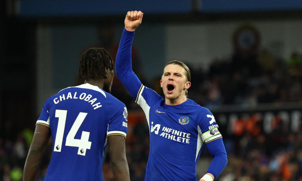 <span>Conor Gallagher celebrates after scoring Chelsea’s second goal against Aston Villa.</span><span>Photograph: Andrew Boyers/Action Images/Reuters</span>