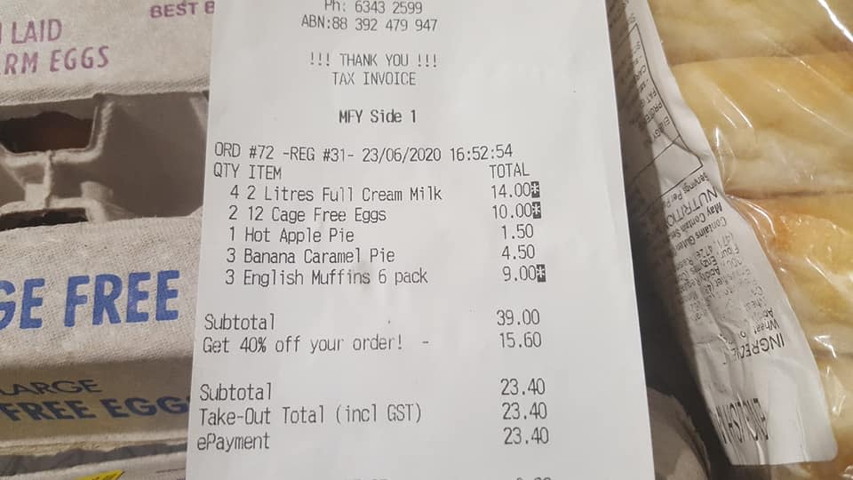 Image of McDonal's Australia receipt for $23.40 using 40% off code on household items.