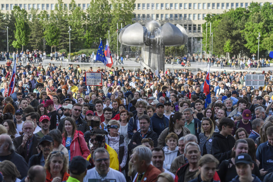 People take part in a protest against the government organised by the Progressive Slovakia movement on Freedom Square in Bratislava, Thursday, May 2, 2024. (Jaroslav Novák/TASR via AP)