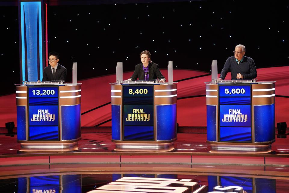 Andrew He, Mattea Roach and Sam Buttrey compete in the “Jeopardy!” Masters tournament. | ABC